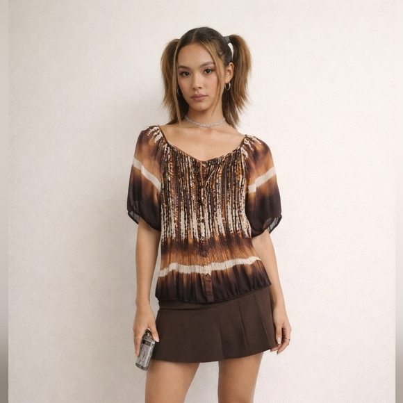serenade Tops - Brown Tie-Dye Pleated Puff Sleeve Button Down Top, Large | Y2K, Boho, Festival